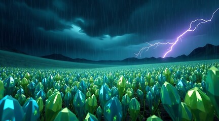Mystical storm illuminating a glowing field under a starry sky