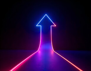 Bright neon arrow pointing upwards on a dark background