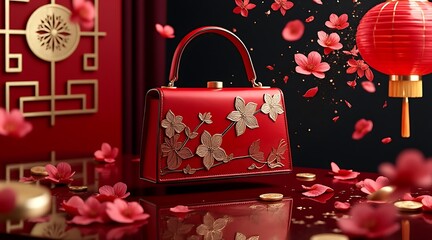 Elegant red handbag adorned with floral designs and chinese cultural elements.