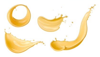 Dynamic, stylized splashes of golden liquid against a clean white backdrop