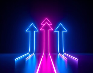 Neon arrows illuminate upwards against a dark background, pink and blue