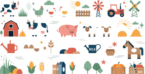Cute Farm Life Illustration Set with Animals, Barn, Tractor, Crops, Milk, Windmill, and Countryside Agriculture Elements in Modern Flat Style © Sanjida