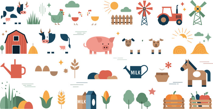 Cute Farm Life Illustration Set with Animals, Barn, Tractor, Crops, Milk, Windmill, and Countryside Agriculture Elements in Modern Flat Style