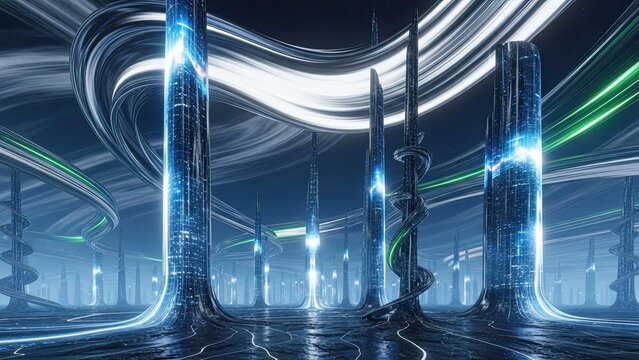 Futuristic cityscape illuminated with glowing neon lights and towering skyscrapers showcasing