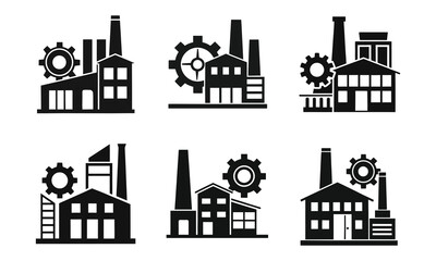 Obraz premium Six Industrial Factory Building Silhouette Icons With Gears For Manufacturing And Industry.
