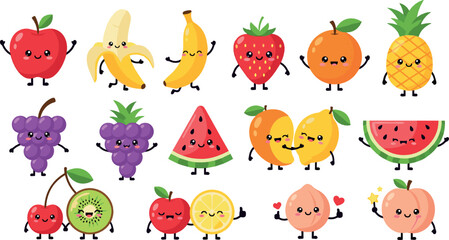 Fototapeta premium Cute fruit characters with happy expressions, playful healthy food mascots, smiling cartoon fruits collection, colorful flat vector illustration for kids and nutrition designs