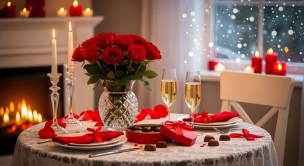 This image features a cozy Valentine's Day dining setup with a lit fireplace, snow falling outside the window, and a vase of red roses at the center of the table.