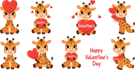 Cute giraffe character set holding hearts for Valentine&rsquo;s Day, adorable animal cartoon flat vector illustration for love, romance and children design