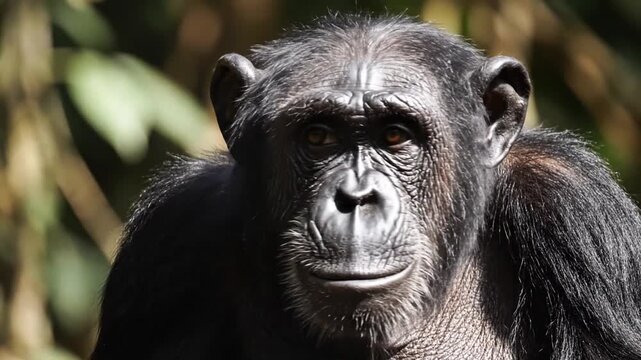 An intimate close-up of an intelligent chimpanzee with deep, observant eyes, reflecting the captivating nature and profound wisdom of wildlife