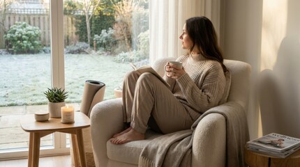 Obraz premium Cozy Indoor Scene with Woman Enjoying Hot Drink While Reading Next to Window in Winter Setting