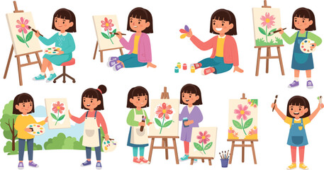 Fototapeta premium Cute Girl Painting Illustration Set with Children Creating Flower Art on Canvas Using Brushes, Palette, and Art Supplies for Creative Education Designs