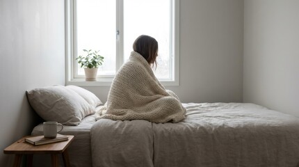 Fototapeta premium Cozy indoor scene of a woman sitting on a bed wrapped in a blanket, gazing out a window in a minimalistic space