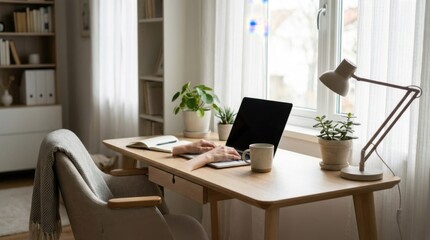 Fototapeta premium Cozy Home Office Workspace with Laptop, Green Plants, and a Modern Desk Lamp in Bright Natural Light