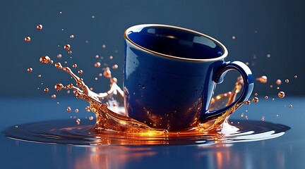 A dark mug with coffee splashing out in a dynamic golden stream against a dark background