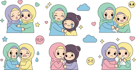 Obraz premium Cute hijab girl characters expressing friendship, comfort and emotions, adorable kawaii Muslim children illustration, flat vector design for stickers and kids projects