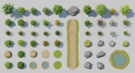 Top View 3D Render Set of Landscape Design Elements for Game or Architectural Design. Trees, bushes, rocks, paths, ponds. © technology love