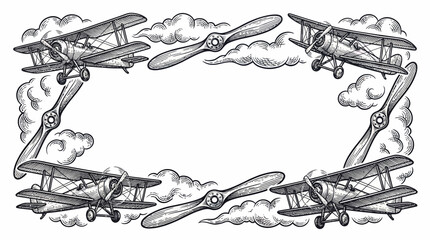 Vintage Biplane Aviation Border with Propellers and Clouds, Retro Airplane Frame Illustration in Hand Drawn Engraving Style © Dileesha