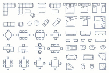 Obraz premium Complete Architectural Furniture Floor Plan Icon Set, Vector Interior Design Symbols for House Layout and CAD Site Planning