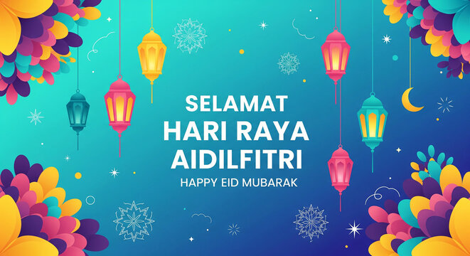 Festive Hari Raya Aidilfitri Celebration with Lanterns, Crescent Moons, and Floral Accents