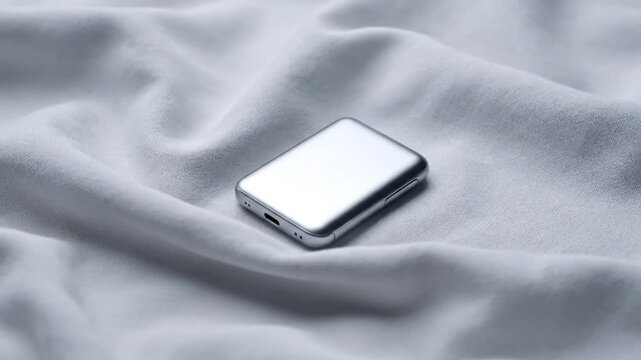 Sleek silver digital device resting on soft, creased white fabric