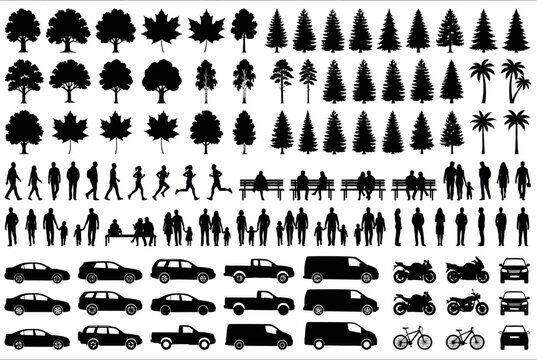 Mega Silhouette Collection of Trees, People, and Vehicles for Architectural Visualization and Plan Design Vector Set