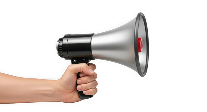 A hand holding a megaphone with a red button, ready to amplify sound, isolated on transparent background