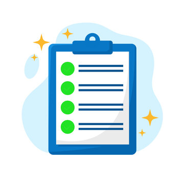Completed checklist document report on clipboard flat design vector success graphic element empty state ui for web and mobile