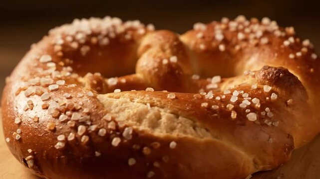 Macro Close-Up of Traditional German Laugenbrezel or Soft Pretzel Topped with Coarse Sea Salt, Featuring Golden Brown Crust and Delicious Texture.