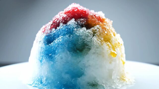 Macro close-up of a massive, brightly colored shaved ice dessert (snow cone or Kakigori) with sweet red and blue syrup, representing a refreshing, cold summer treat.