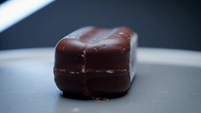 Close-up shot of a rich chocolate covered ice cream bar or popsicle melting slowly on a dark background in studio lighting, emphasizing texture and dessert appeal.