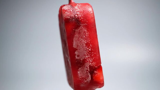 Close-up studio shot of a vibrant red strawberry fruit popsicle on a stick, showcasing frozen texture and real fruit pieces against a plain background.