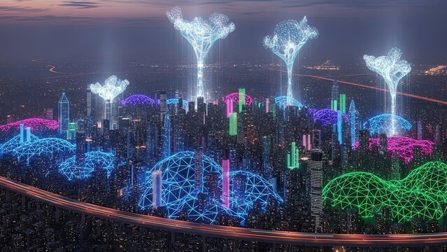 Futuristic cityscape illuminated with vibrant holographic and neon light displays
