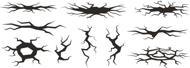 Ground crack vector elements isolated on white. Jagged fracture shapes for damage and disaster concepts. Clean graphic assets for design, games, and illustration.