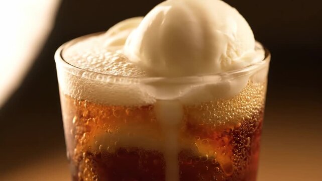 Extreme close-up of a fizzy root beer or cola float with a large scoop of melting vanilla ice cream creating thick foam and bubbles in a glass.