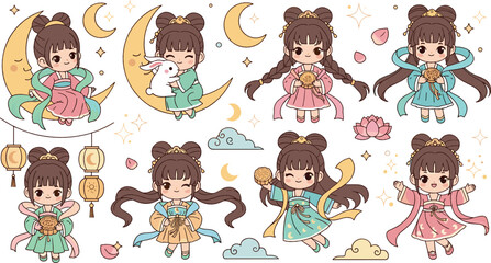 Fototapeta premium Cute Kawaii Moon Fairy Girl Illustration Set with Child Characters in Traditional Dresses, Crescent Moon, Lanterns, Clouds, and Magical Night Elements