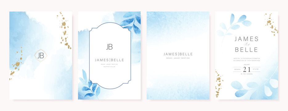 Summer Flower Wedding Invitation set, floral invite thank you, rsvp modern card Design in pink leaf greenery  branches with water color texture background. 