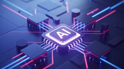 Fototapeta premium Artificial intelligence chip with glowing circuits on dark blue motherboard background