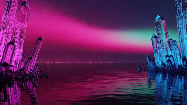 futuristic cityscape illuminated with vibrant neon lights reflecting on water we towards a cyber