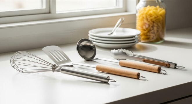 Collection of stainless steel kitchen utensils with wooden handles in sunlight