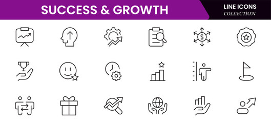 Success and growth web icons inline style. Handshake, growth profit, innovation, increase sale, coaching, progress, strategy, achievement, collection. Vector illustration.