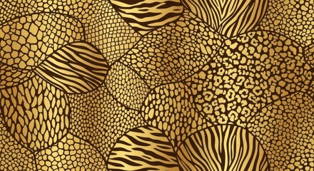 Exotic animal skin patterns displayed in a repeating mosaic of gold and dark brown