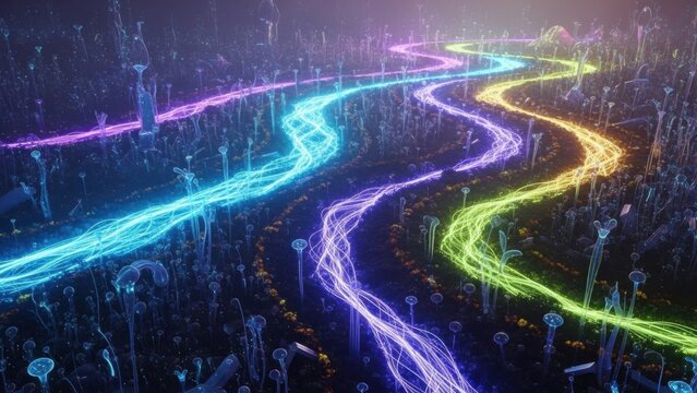 Colorful neon light trails illuminating a futuristic cityscape at night