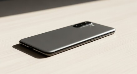 Modern smartphone lying on a light colored surface with natural light and shadow