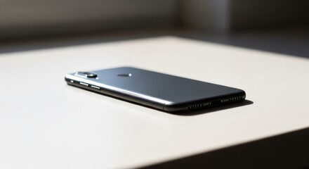 Modern smartphone lying on a light surface with shadows and natural light