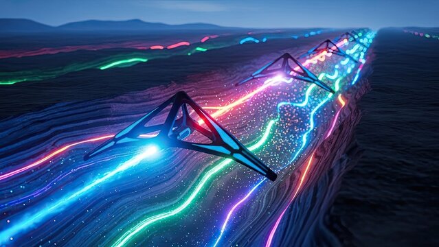 Futuristic high-speed maglev train zooming through a neon-lit landscape with vibrant glowing