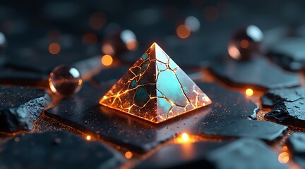 Glowing crystal pyramid embedded in a dark, rugged surface with golden light reflections