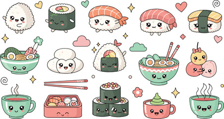 Cute Kawaii Sushi and Japanese Food Illustration Set with Smiling Nigiri, Maki Rolls, Rice Balls, Ramen Bowls, Tea Cups, and Adorable Food Characters © Sanjida