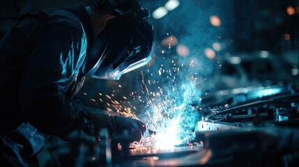 Robotic arm welding car chassis with sparks flying, showcasing precision and technology in an industrial environment focused on automotive manufacturing