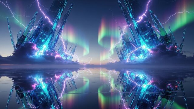 Futuristic cityscape shattered by vivid lightning and aurora displays under dark stormy sky with