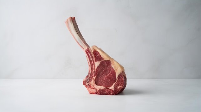 Raw tomahawk steak on white background bone in meat with marbling ready for cooking or grilling